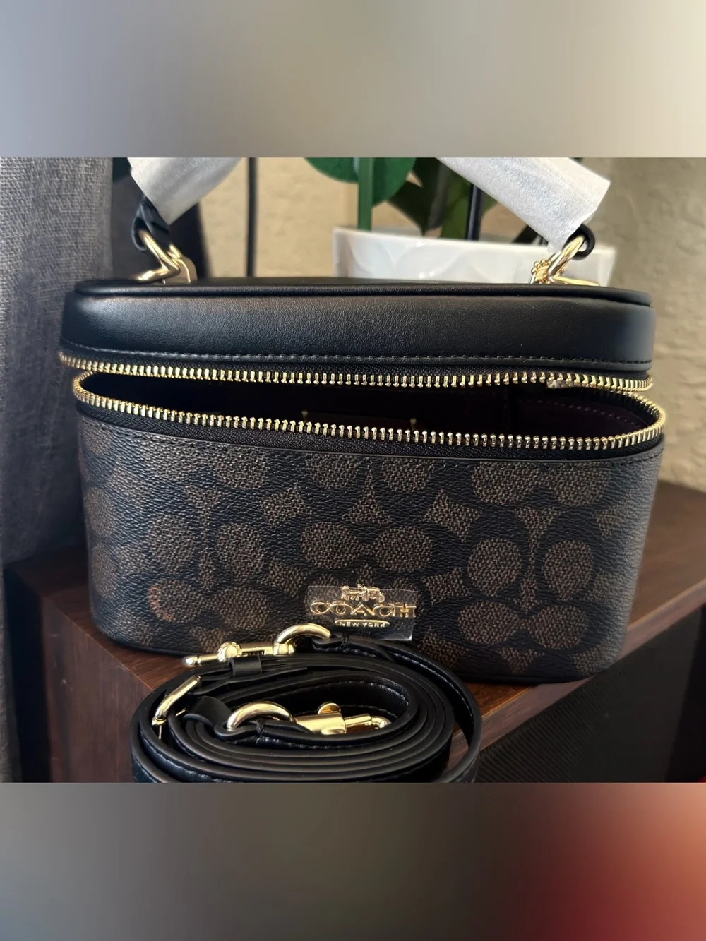 Coach Brown Signature Canvas Cosmetic Case with Black Leather Top